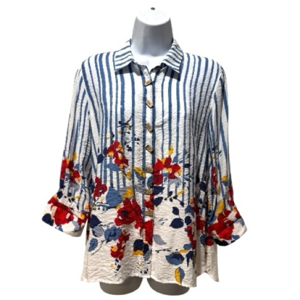 Multiples PM Petite Medium High-Low Textured Stripe Floral Top Lightweight